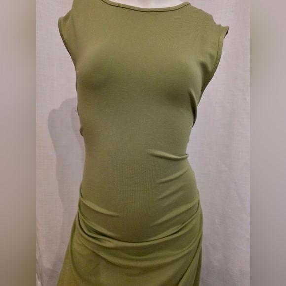 Sleeveless Olive Green Ruched Maxi Skirt Dress - Picture 2 of 7
